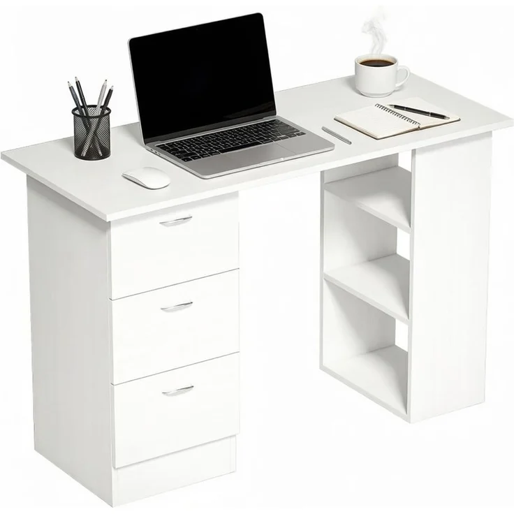 Schreibtisch 120x49x72 cm aus MDF, weiß, mit 3 Schubladen und 3 offenen Regalen – Bild 5