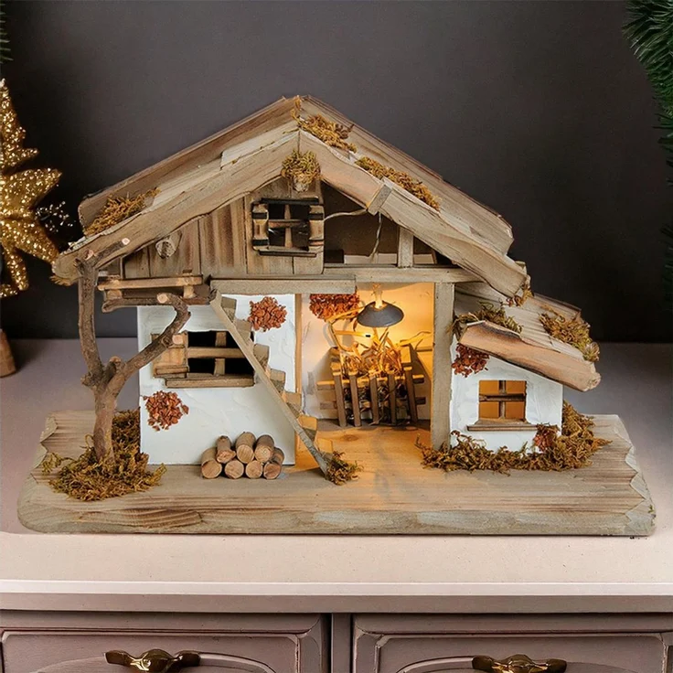 matches21 HOME & HOBBY Krippe Große Echtholz Weihnachtskrippe mit Beleuchtung in 39 x 23 x 19 cm (1-tlg), Moderne Holz-Krippe mit LED Krippen-Beleuchtung ohne Krippenfiguren – Bild 4