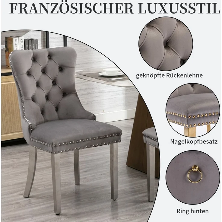 SeedWave Esszimmerstuhl 2er-Set Polsterstühle mit Samtbezug, hoher Lehne und Metallbeinen (2er-Set), Küchenstühle im französischen Stil mit Ziernieten und Rückenring – Bild 3