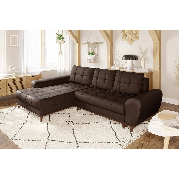 Ecksofa mit Schlaffunktion Bettkasten in Leder-Optik Mikrofaser Vintage Braun – Bild 3