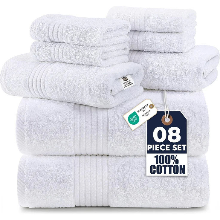 Utopia Towels 8-teiliges Handtücher aus 100% Baumwolle, weich und saugfähig für den täglichen Gebrauch, 2 Badetücher 69x137 cm, 2 Handtüchern 41x71 cm, 4 Waschlappen 30x30 cm (Weiß)