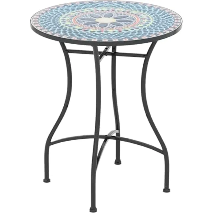 FANTASK Runder Bistrotisch, Beistelltisch mit Mosaikplatte, Sitzgarnitur bis 50kg, Balkonmöbel, Gartenmöbel, für Terrasse, Garten & Balkon (Blau)