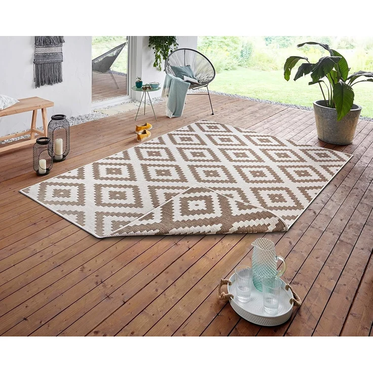 NORTHRUGS In- und Outdoor Teppich Malta 80x150 cm - Wendeteppich Wetterfest Modernes Geometrisches Muster Teppich für Balkon Terrasse Garten Wintergarten Wohnzimmerteppich Wasserfest in Linen – Bild 1