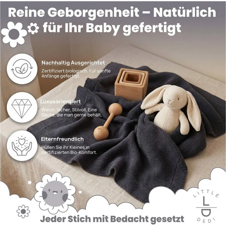 Babydecke Baby Strickdecke, %100 Bio Baumwolle, Atmungsaktiv 80x100cm Grau, Little Dedi – Bild 2