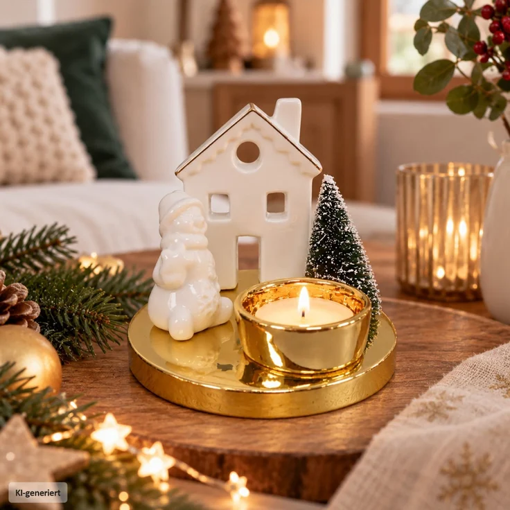 Teelichthalter mit Haus, Schneemann und Baum – Bild 2
