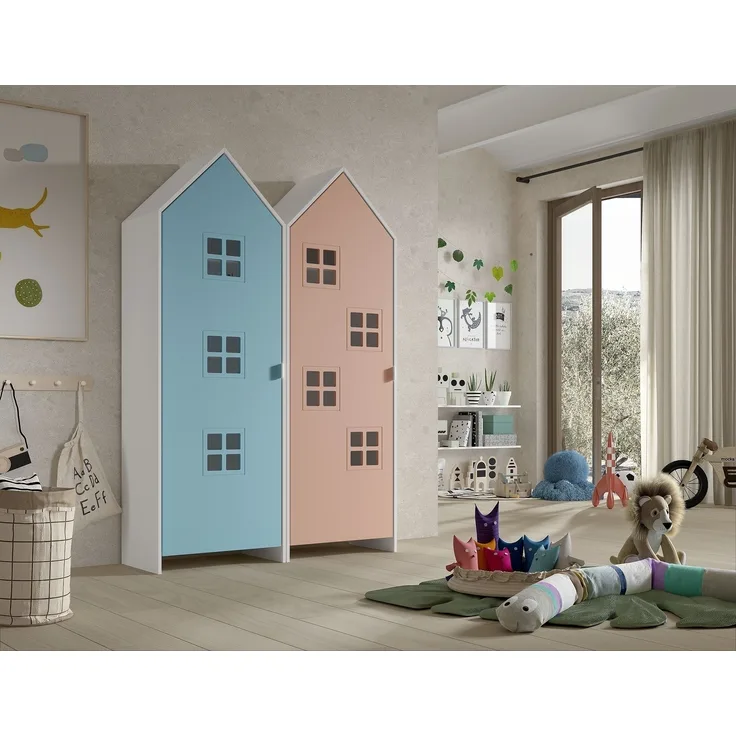 Kleiderschrank >CASAMI BRUGES< in Korpus Weiß / Front Blau u. Pink, falsch