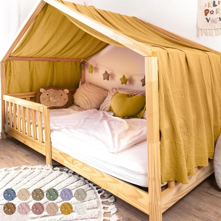 lilimaus Betthimmel Musselin Hausbett Himmel Kinderzimmer Baumwolle mit Gold 2er Set, Gemütlicher Baldachin aus Baumwolle für traumhafte Kinderzimmer-Deko – Bild 1