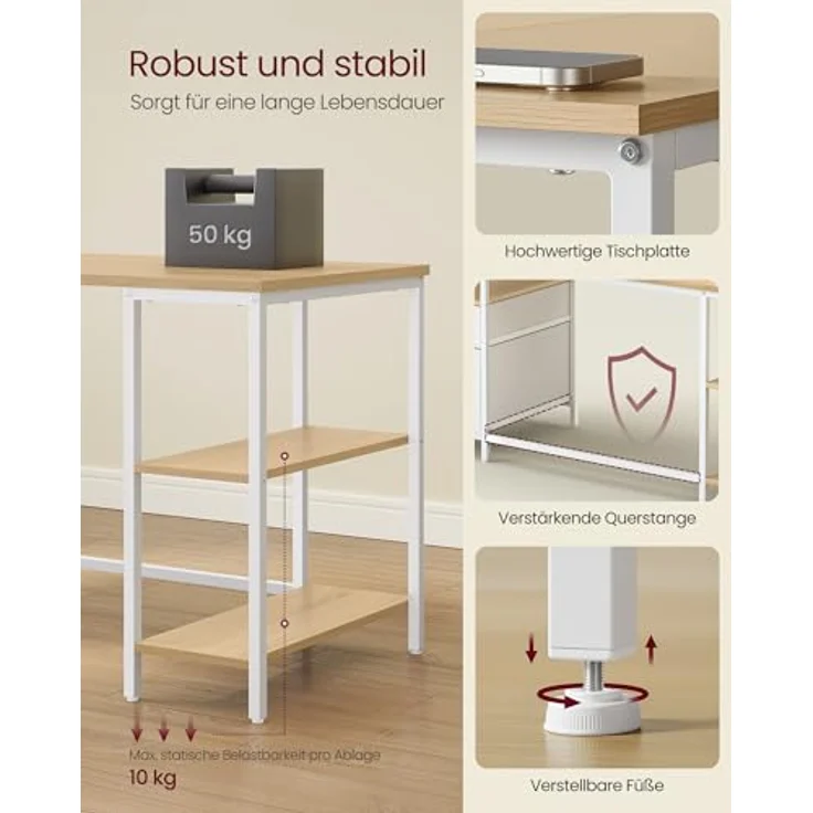 VASAGLE Computertisch, Bürotisch, Schreibtisch, mit 3 Ablagen, 2 Schubladen, 160 x 60 x 76 cm, fürs Büro, Wohnzimmer, moderner Stil, natureichenfarben-wolkenweiß LWD105YD01 – Bild 7