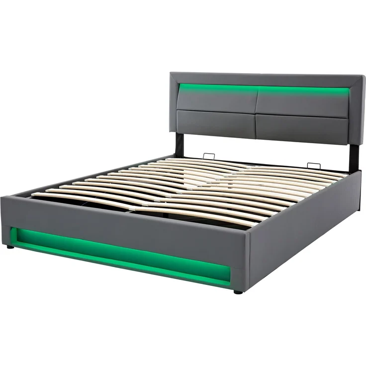 Merax Polsterbett, Doppelbett, 140x190 cm, mit USB-Anschluss (unterstützt kabelloses und kabelgebundenes Laden), LED-Beleuchtung und Stauraum, PU, grau – Bild 8