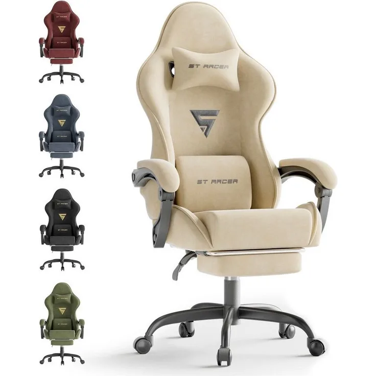 Ferghana Gaming-Stuhl Gaming-Stuhl: Kopfstütze, Lendenkissen, Armlehnen, Fußstütze (Packung), Ergonomischer PC-Stuhl,Rückenlehne 90°-125°
