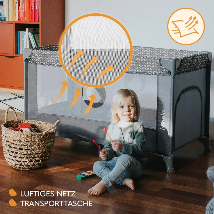 Lionelo Stefi Baby Kinderbett, Reisebett ab Geburt bis 15 kg, Seiteneingang, Sicherungssystem LockGuard, Blockade der Räder, Tragetasche, zusammenklappbar – Bild 8