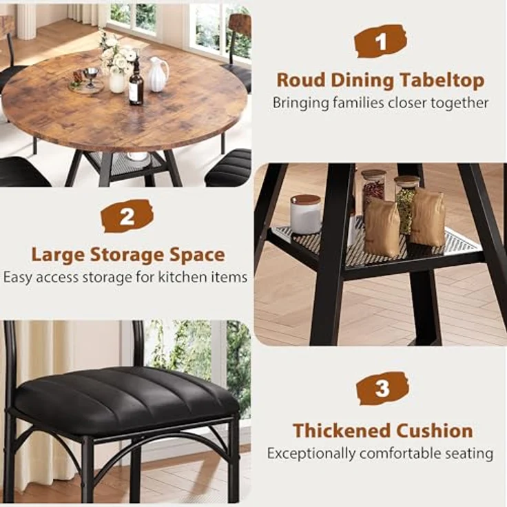 Jocoevol Runder Esstisch und 4 Esszimmerstühle Set, Essgruppe 5-Teilig, Esszimmertisch mit Ablage und 4 stühle, platzsparender Küchentisch aus Holz im Industrial Design (Vintage Braun, 130 x 130 x 76 cm) – Bild 7