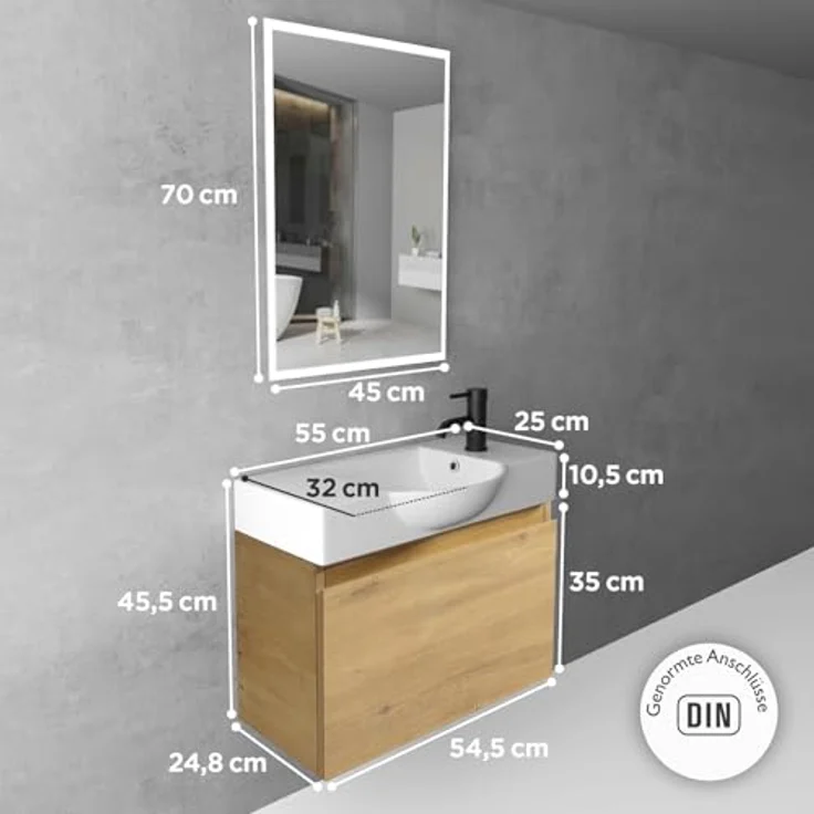 Alpenberger Badmöbel-Set Waschbecken mit Unterschrank 55 cm Breit, (Waschtischunterschrank, Badezimmerschrank Klein), Badschrank Hängend mit Badspiegel – Bild 8