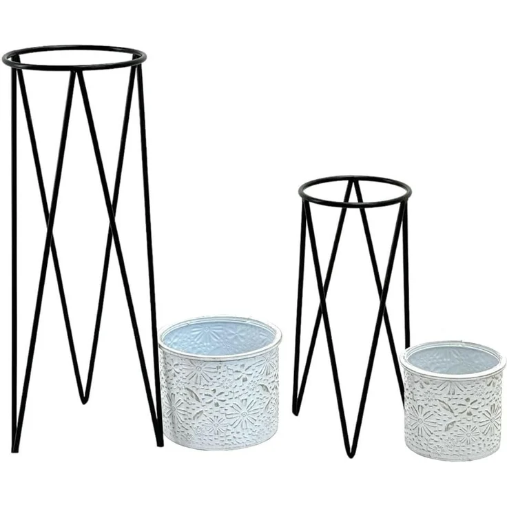 DanDiBo Blumenständer mit Topf Metall Schwarz Weiß 2er Set Blumenhocker 96043 Blumensäule Modern Pflanzenständer Pflanzenhocker – Bild 5