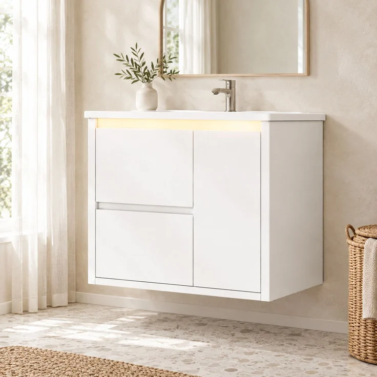 Waschtisch 61 x 46,5 x 57 cm, wandhängend, mit Keramikbecken und LED-Sensorbeleuchtung – Bild 5