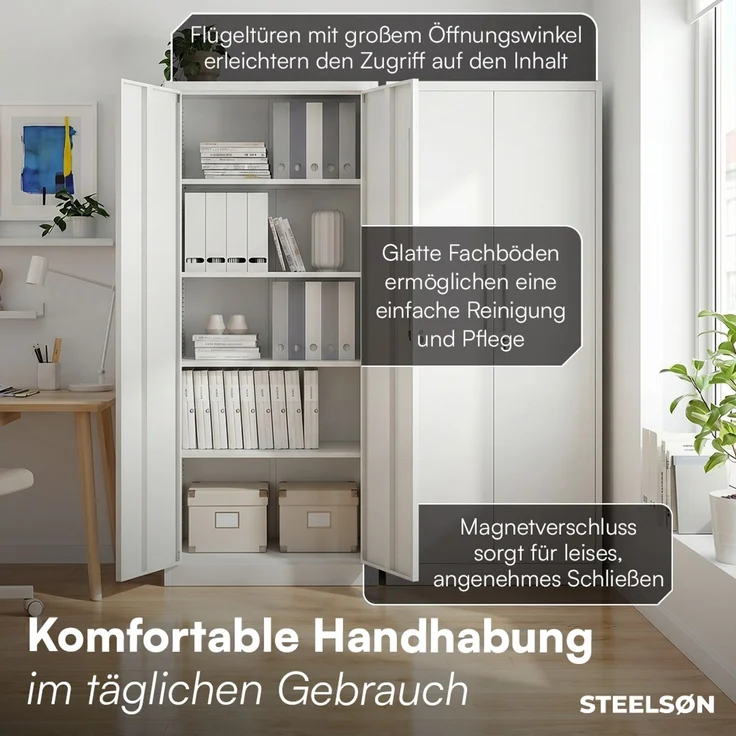 STEELSØN 'Regulus' Aktenschrank, Metall, weiß, 175x40x80 cm, abschließbar, Metallschrank mit 5 Fächern, geeignet als Werkzeugschrank – Bild 7
