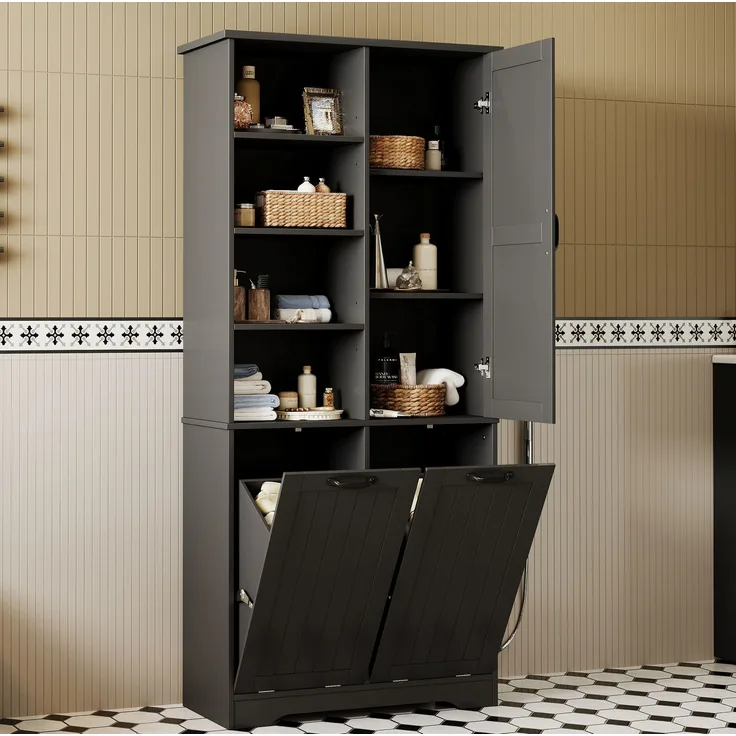 Badezimmerschrank 78 x 35 x 172,7 cm mit 2 Wäschekörben und verstellbarem Einlegeboden – Schwarz