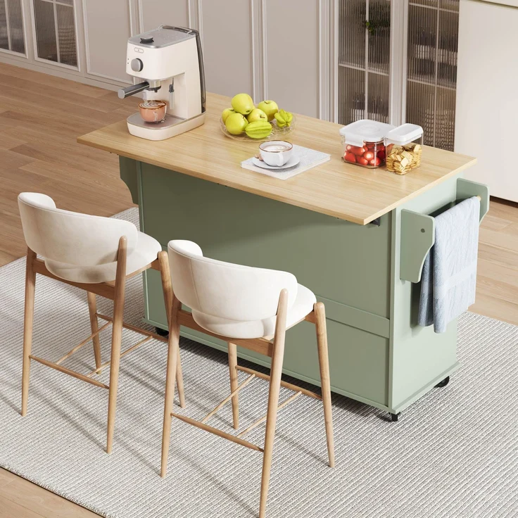 Küchenwagen 138x45/70x92 cm mit klappbarer Arbeitsplatte, Weinregal und Rollen – Antikgrün – Bild 4