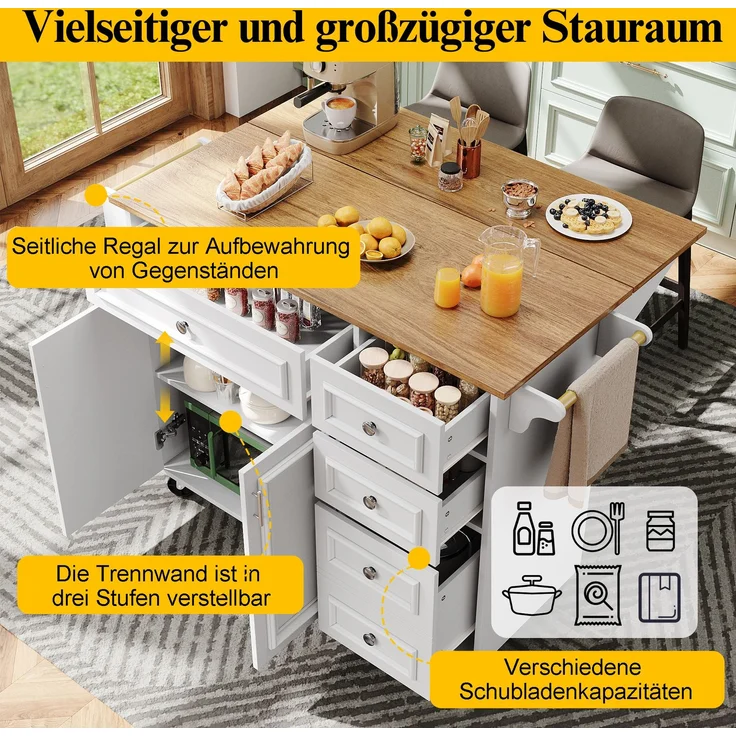 Kücheninsel aus MDF mit klappbarer Tischplatte, 110x45/75x92 cm, Weiß – Bild 7