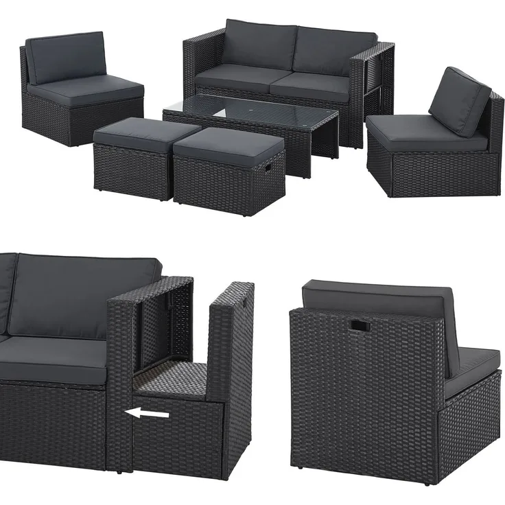 Juskys Polyrattan Gartenmöbel Set Salou - Outdoor Lounge wetterfest 6 Personen - Sitzecke mit Tisch & Kissen für Garten, Balkon, Terrasse - Schwarz