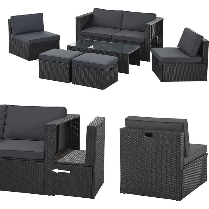 Juskys Polyrattan Gartenmöbel Set Salou - Outdoor Lounge wetterfest 6 Personen - Sitzecke mit Tisch & Kissen für Garten, Balkon, Terrasse - Schwarz – Bild 1