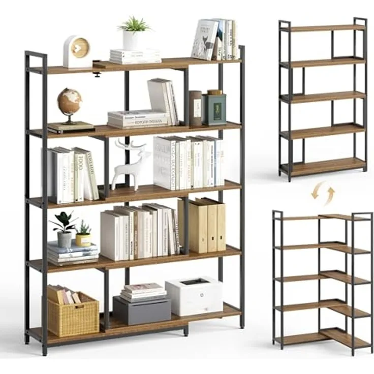 Mondeer Bücherregal Eckregal, Aufbewahrungsregal, 5-stufiges, Breite von 80-146cm verstellbar, Retro-Braun
