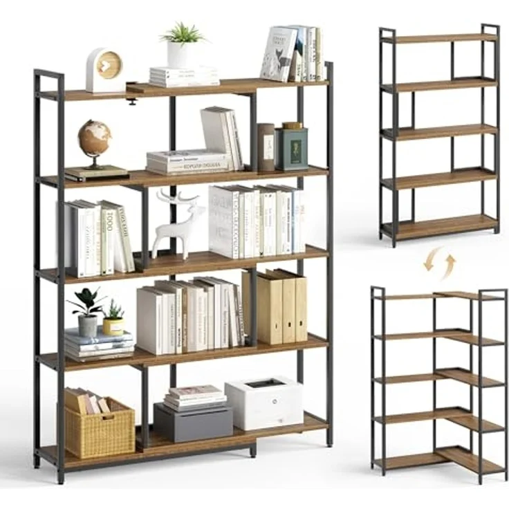 Mondeer Bücherregal Eckregal, Aufbewahrungsregal, 5-stufiges, Breite von 80-146cm verstellbar, Retro-Braun – Bild 1