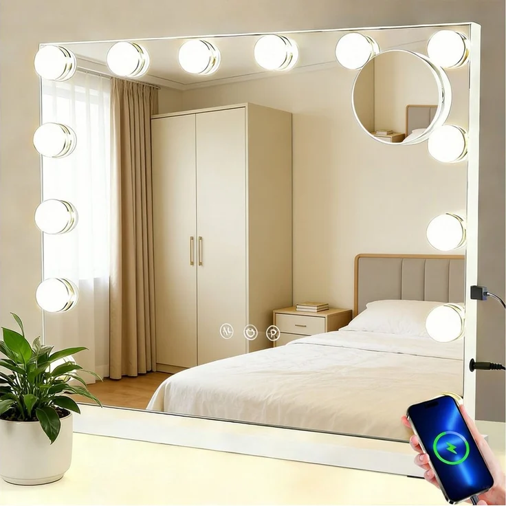 Nettlife Schminkspiegel Licht 50x40cm 3 Farben USB Touch-Steuerung Hollywood Spiegel (3-farbig einstellbares Licht mit Memory-Funktion, 1-St, Touchscreen), 5 Facher Vergrößerung Spiegel USB Anschluss für Ankleidezimmer – Bild 1