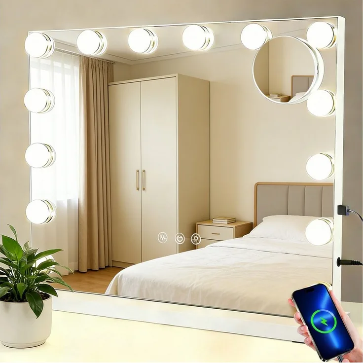 Nettlife Schminkspiegel Licht 50x40cm 3 Farben USB Touch-Steuerung Hollywood Spiegel (3-farbig einstellbares Licht mit Memory-Funktion, 1-St, Touchscreen), 5 Facher Vergrößerung Spiegel USB Anschluss für Ankleidezimmer