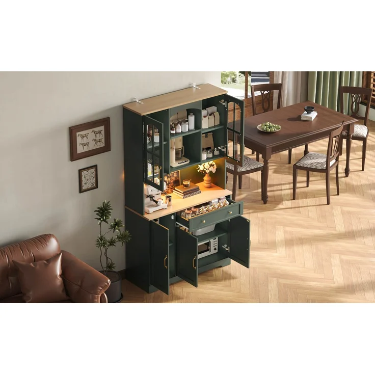 Küchenhochschrank 100 x 38 x 176 cm aus MDF in Graugrün mit Glastüren und LED-Beleuchtung – Bild 3