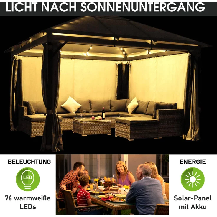 BRAST 'Infinity' Pavillon inkl. Moskitonetz und LED-Beleuchtung, wasserdicht, stabil, UV-Schutz, Aluminium, Beige, 4x4 m, mit Beleuchtung – Bild 4