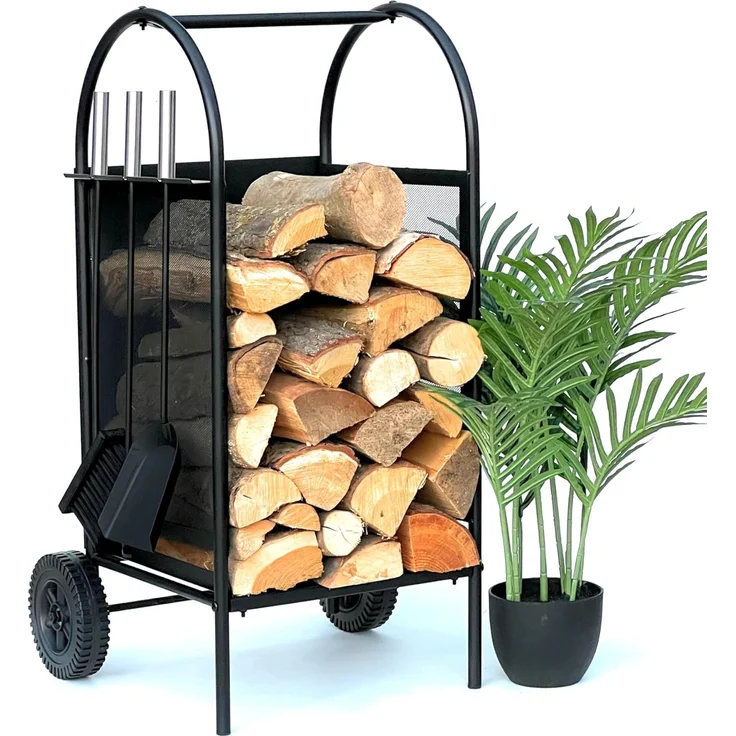 DanDiBo Kaminholzregal Innen Metall Schwarz Kaminholzständer 80 cm mit Kaminbesteck und Rädern 96358 Kaminholzwagen – Bild 1