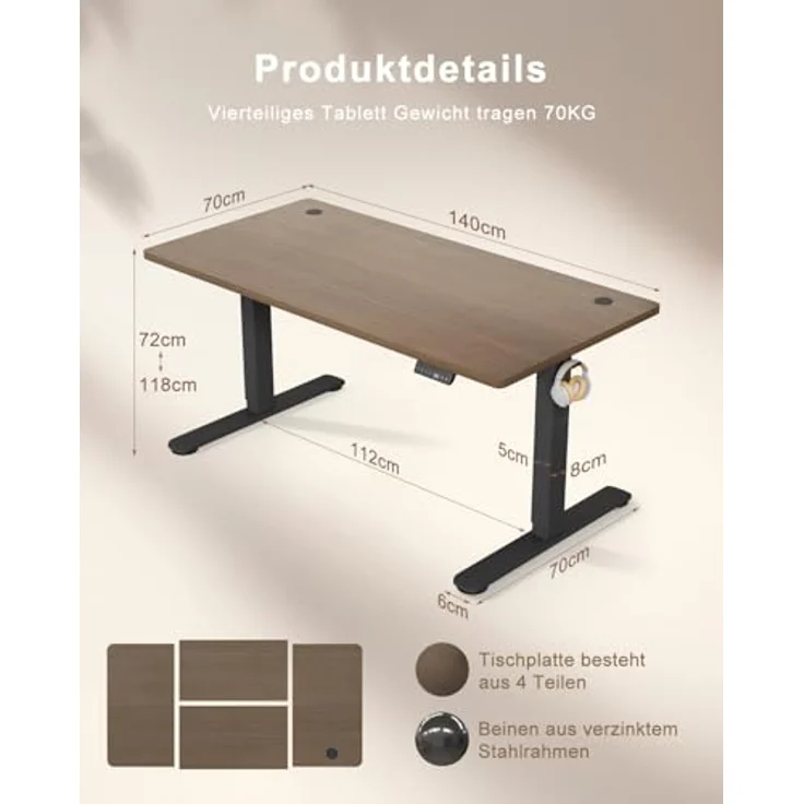 TRIUMPHKEY Höhenverstellbarer Schreibtisch 140x70, 18mm Tischplatte & USB-A | Schreibtisch Höhenverstellbar mit 3 Memory-Steuerung,Sitz‑Erinnerung & Kabelmanagement, Computertisch,Standing Desk,Walnuss – Bild 2