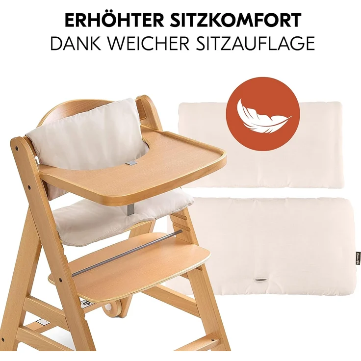 Hauck Hochstuhl Set Alpha Plus Move inkl. Essbrett, Sitzkissen und 2x Babyteller Silikon - mitwachsender Holz Babystuhl / Kinderhochstuhl mit Rollen, Gurt und Tisch - Natur Beige – Bild 8