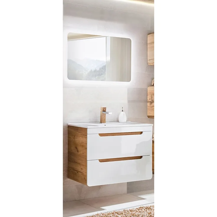 Badezimmermöbel Set Hochglanz weiß, Wotan Eiche Nb. LUTON-56 mit 81 cm Waschtisch & LED-Spiegel, 81/200/46 cm