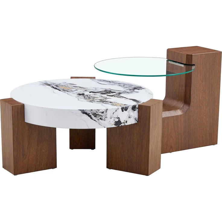 DESVIAE Couchtisch-Set 2-tlg. mit Sicherheitsglas Ø 61 cm, H 30 cm MDF in Nussbaum- und weißer Marmoroptik, 61 x 61 x 30 cm – Bild 7