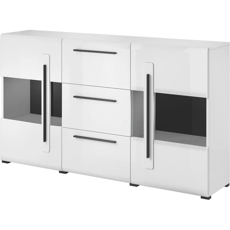 Sideboard Vitrine weiß Hochglanz TURDA-83 modern mit Absetzungen in schwarz, B/H/T: ca. 180/103/39 cm – Bild 2