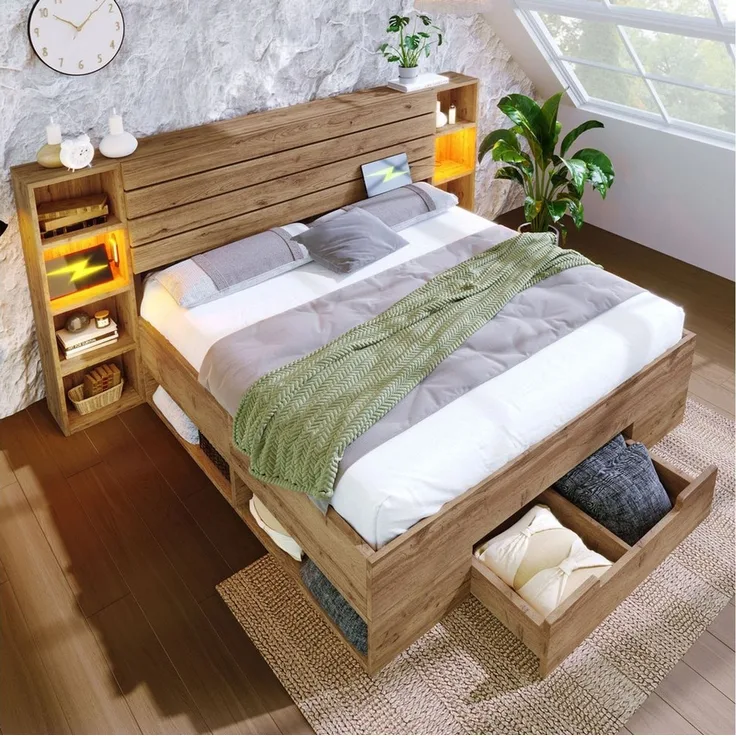 OKWISH Holzbett Stauraumbett, Eiche massiv, mit USB-C im Kopfteil (Funktionsbett, Doppelbett, 1-tlg, LED-Beleuchtung am Bett, inklusive Schubladen, 180×200cm), Lattenrost aus Holz, komfortable Bettanlage(Ohne Matratze)