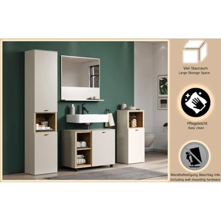 trendteam smart living - Sao Paulo - Badmöbel-Set - Kashmir (Beige)/Evoke Eiche - Hochschrank, Waschbeckenunterschrank Rollen, Wandspiegel, Badschrank - (BxHxT) 180 x 186 x 42 cm - Soft-Close-Funktion – Bild 6