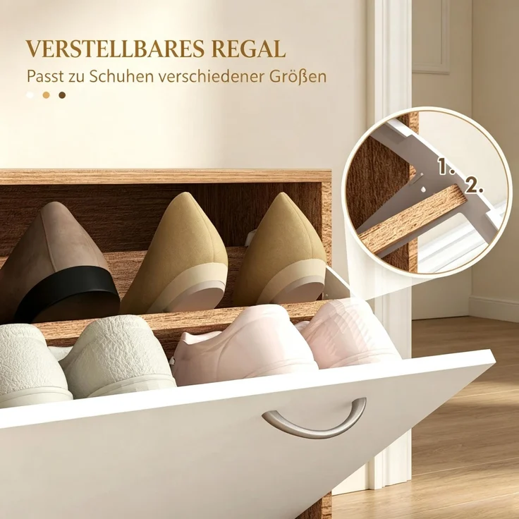 Flur Garderobenmöbel mit Kleiderhakenpaneel, Spiegel und Schuhbank, 6 Kleiderhaken und verstellbares Regalbrett--Walnuss, Weiß--90x10x91cm--YOUDENOVA – Bild 6