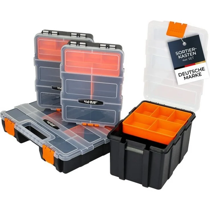 HMF Sortimentskasten Sortierbox leer, Sortimentskasten für Werkzeug und Kleinteile (Set, 4 Boxen), 49 Fächer, transparenter Deckel, Schwarz-Orange – Bild 4