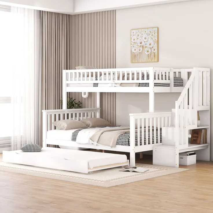 Etagenbett 90x200/140x200 cm Kinderbett mit ausziehbarem Rollbett,Hochbett mit Ablagefächern, Treppe und Geländer,weiß