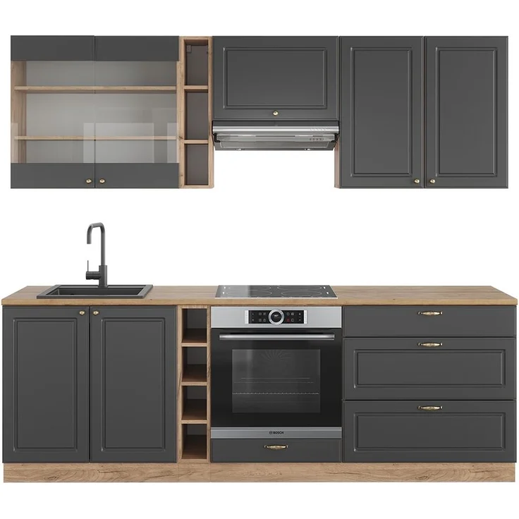 Küchenzeile Fame-Line Anthrazit Landhaus/Goldkraft Eiche 235 cm ohne Arbeitsplatte Vicco – Bild 1