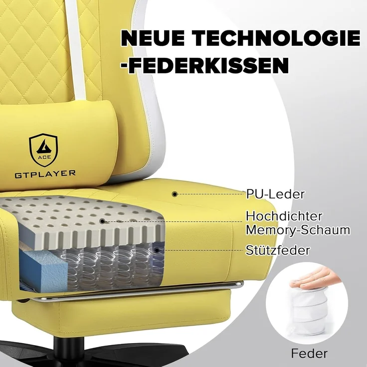 GTPLAYER Gaming Stuhl Ergonomischer Gaming Sessel Schreibtischstuhl Kunstleder, Federsitzkissen, Verbindungsarmlehnen und Fußstütze 150KG, gelb – Bild 4