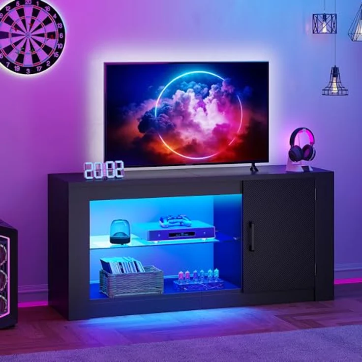 YITAHOME TV Schrank, TV Lowboard LED Schwarz - Fernsehschrank Fernsehtisch mit RGB-LED-Leuchten Lowboard Glasregal Fächern für 43 Zoll & kleinere TVs,für Wohnzimmer Schlafzimmer, B106 x H50 x T35 cm – Bild 4