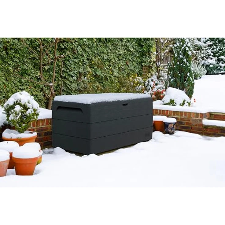 Duramax Cedargrain Durabox 416 Liter/ 110 Gallonen Kissenbox aus Kunststoff, Auflagenboxen für Terrasse und Gartenmöbel, abschließbare Kissenbox aus Kunststoff mit Gasflasche, Dunkelgrau – Bild 8