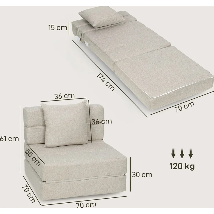 Rayofly-Schlafsofa Sessel, 1 abnehmbares Kissen, beiger Stoff, Beige, H 610cm x T 700cm x B 700cm – Bild 4