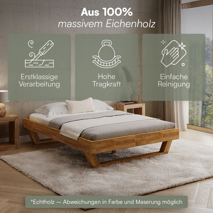 skølm 'Nornir' Bett 140x200 cm, Bettgestell, natur geölt, Massivholzbett aus Eiche mit Holzkufen, Doppelbett ohne Bettkopf – Bild 3