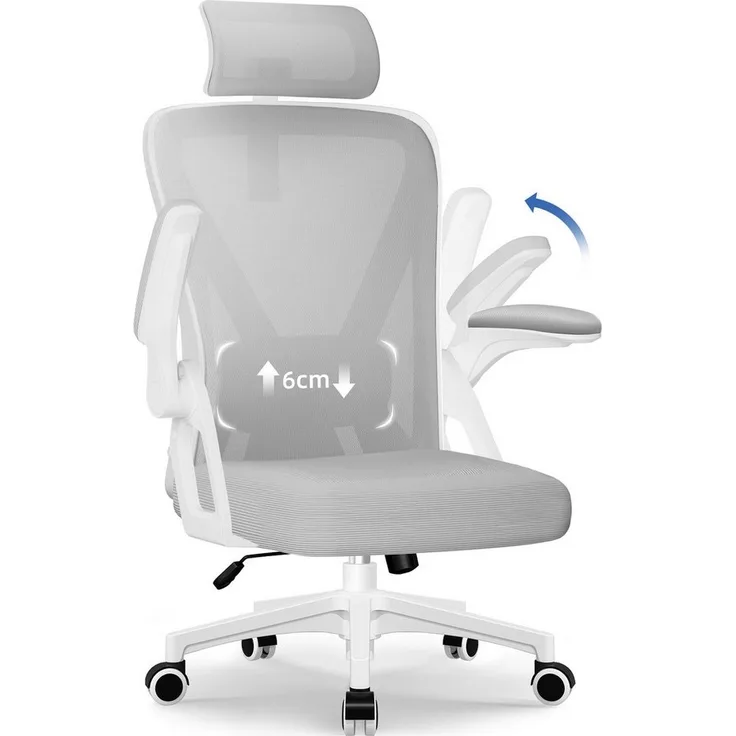 Homimaster Bürostuhl Ergonomischer Bürostuhl, Schreibtischstuhl mit Klappbaren Armlehnen (Bürostuhl mit Verstellbarer Kopfstütze,Armlehnen und Lendenwirbelstütze), Bürostuhl mit Wippfunktion bis 135°, Ergonomisch & Belastbar bis 150kg