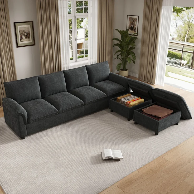 Merax U-förmiges modulares Sofa, bequemes Ecksofa mit Deep-Seat-Design, mit 2 beweglichen Fußhockern, hohe Rückenlehne, Chenille, Schwarz, B264.5/D142.5/H84 – Bild 6